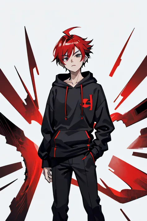 ((masterpiece, best quality)), (1boy), (solo),(ahoge, red spike hair), black eyes, (black hoodie), (buttoned shirt), (black buttom), (standing, white background, arms behind back