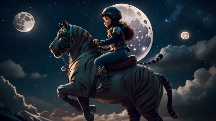 A beautiful little Latin girl, riding a black tiger in a magical landscape, surrounded by twinkling stars, the bright moon in the night sky, creating an atmosphere of enchantment and wonder, 3D modeling and rendering with realistic details,  - -v 5 --auto ...