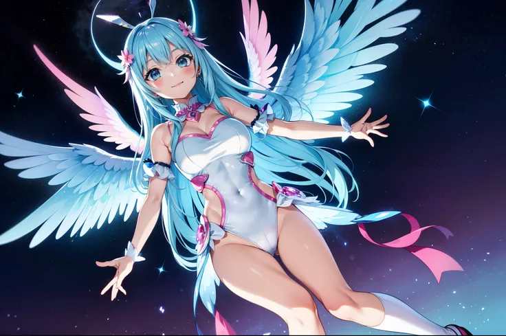 Chibichara　A charming smile　sky blue hair　length hair　Twin-tailed　Glittery bright pink and white and blue and yellow leotards　Facing straight ahead、arms spread wide、Spread 6 large iridescent angel wings on the back　Mystical　Spectacular sparkling backdrops ...