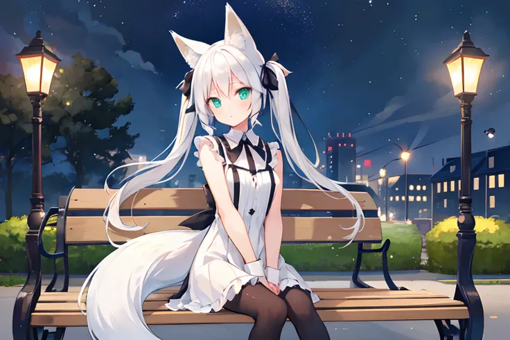 High quality, 1girl, {night}, {jig eyes}, {white hair}, {blue and green eyes}, fox ears, fox tail, twin tails and black ribbon, sleeveless, thin tights, night park, bench, street lamp