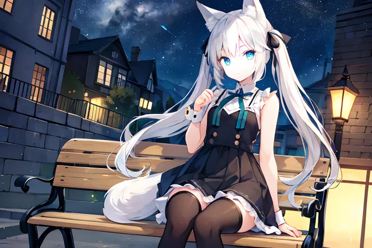 High quality, 1girl, {night}, {jig eyes}, {white hair}, {blue and green eyes}, fox ears, fox tail, twin tails and black ribbon, sleeveless, thin tights, night park, bench, street lamp