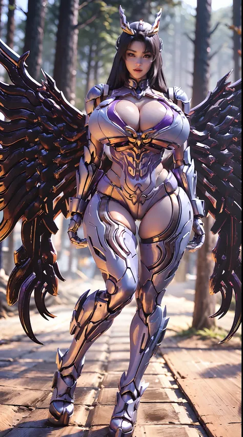 (FOX QUEEN HELM), (ULZZANG), (HUGE FAKE BOOBS:1.2), (purple, white), (FOREST WOOD), (((A PAIR OF HUGE MECHANICAL WINGS SPREAD OUT))), (FUTURISTIC MECHA CROP TOP:1), (CLEAVAGE), (SKINTIGHT YOGA PANTS:1), (HIGH HEELS), (PERFECT BODY:1.2), (FULL BODY:1.2), (L...