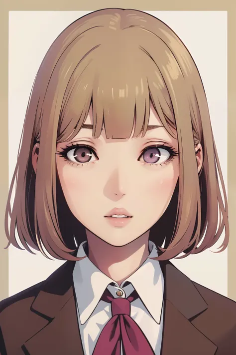 hana midorikawa、a detailed face、bring your face closer、pink lipsticks、thick lips、glossy lips、pointed eye、school uniform、brown bl...