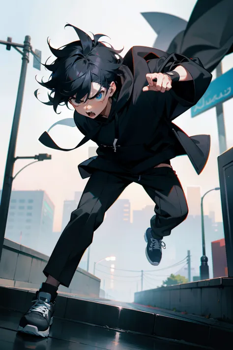 Hip-hop,1boy,black hoodie,black bottom, twist hair,on the street,look at camera,angry face,fullbody