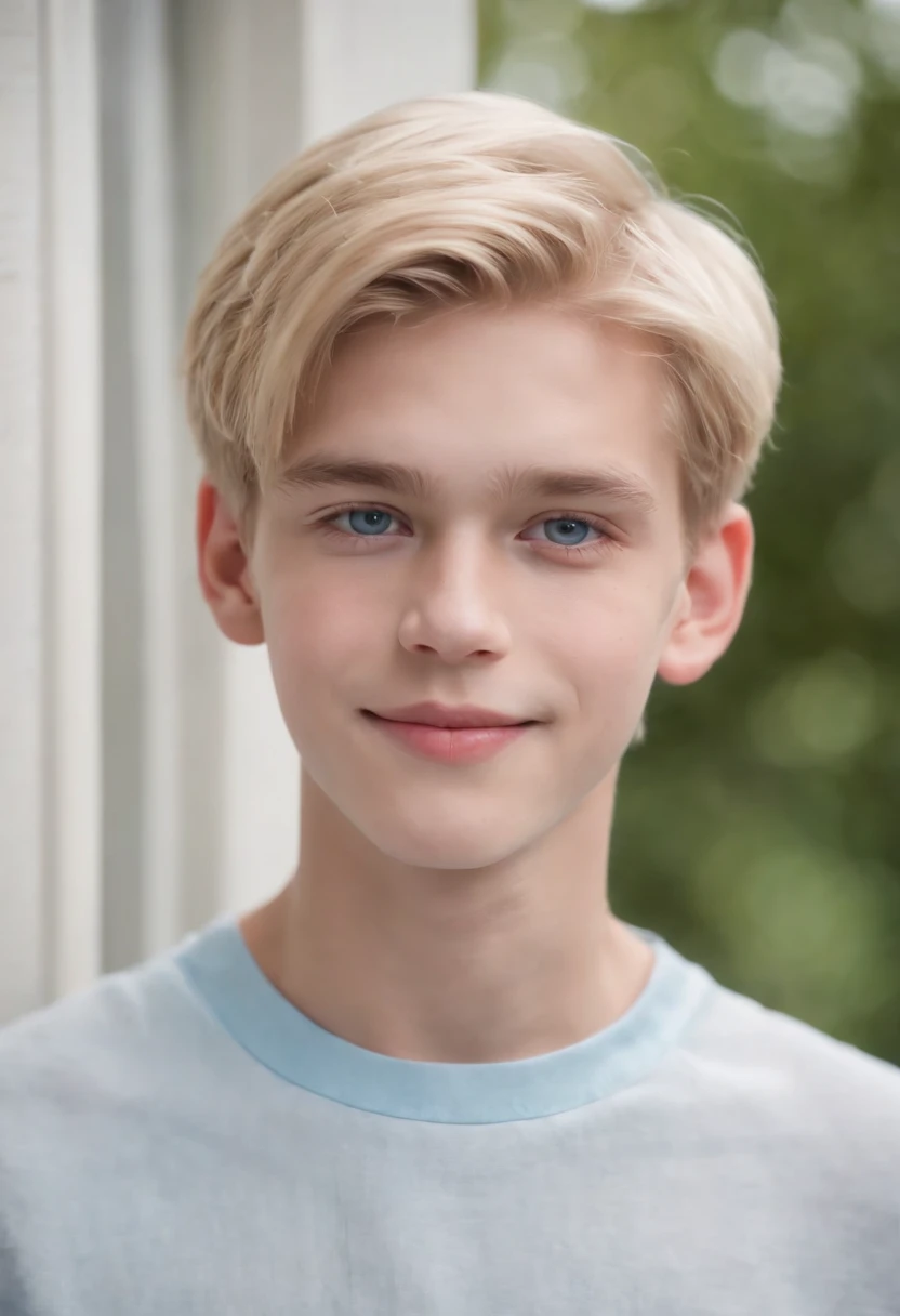 Nordic face、14-year-old boy、Modern princes、twinks、Appearance、Talented and colorful、Blonde hair and blue eyes、cute smile face