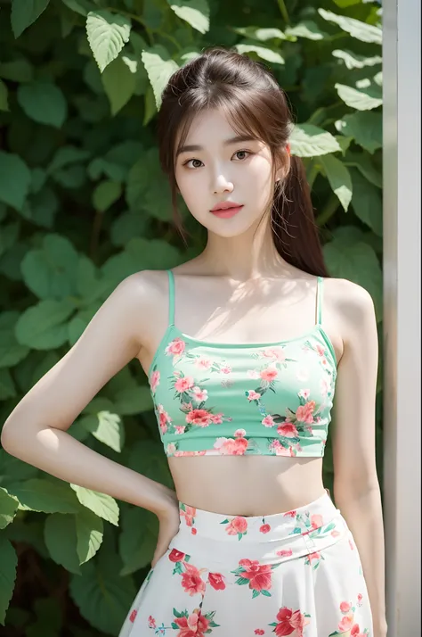 a woman in a floral crop top and mint skirt posing for a picture, croptop, crop top, bralette, wearing white camisole, bae suzy, wearing a camisole, physical : tinyest midriff ever, gorgeous young korean woman, heonhwa choe, cutecore, lulu chen, reluvy5213