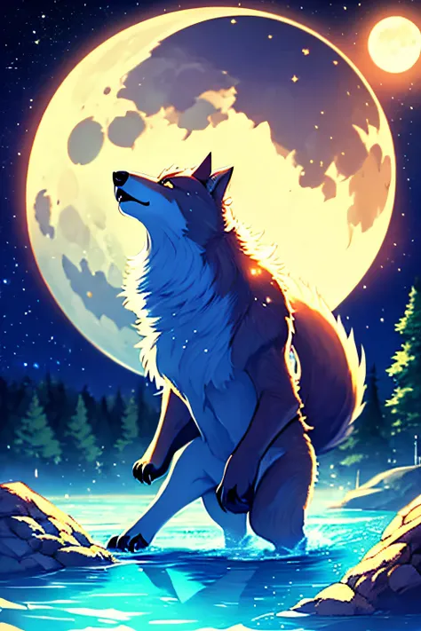 The background is the forest、riverside、(Child wolf with a deformed Japan)、illustratio、Best Anime 4K、Looking up at the stars、barking、Moon Night、Maximum 4 colors、childish、(There is only one moon)