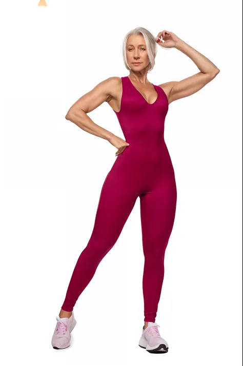 ((Helen Mirren)) in a red jumpsuit posing for a picture, catsuit, pink body, high level body suit, femenine body, red jumpsuit, women full body, smooth fuschia skin, red body suit, bodysuit, full-body, full - body, fullbodysuit, jumpsuits, full body, jumps...