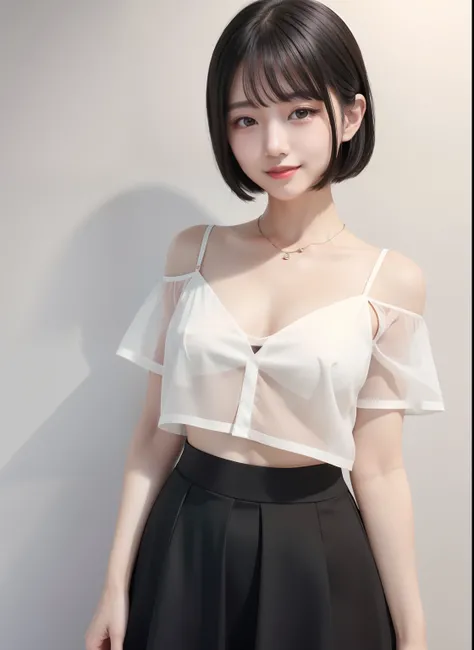 no-bra、Sheer white shirt、Black shinless skirt、Shoulder-length black hair、Medium bob、A smile、cute little、Clear facial features、top-quality