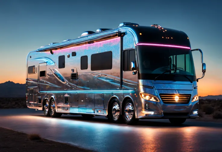 ((amazing quality, award winning, superior quality, masterpiece, intricately detailed, extremely detailed, photo realistic, ultra realistic, 32K, film grain)), hi-tech futuristic RV motorhome made from aerospace grade materials, neon & laser lit, holograph...