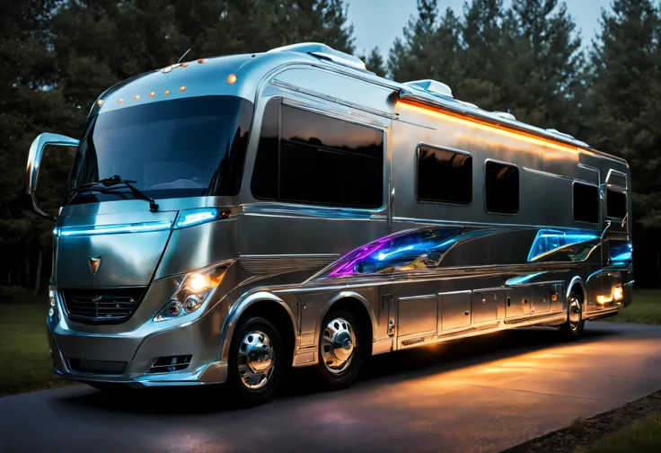 ((amazing quality, award winning, superior quality, masterpiece, intricately detailed, extremely detailed, photo realistic, ultra realistic, 32K, film grain)), hi-tech futuristic RV motorhome made from aerospace grade materials, neon & laser lit, holograph...