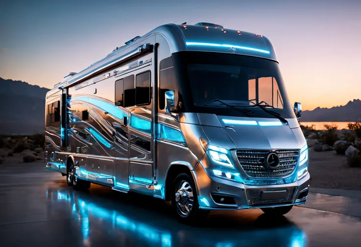 ((amazing quality, award winning, superior quality, masterpiece, intricately detailed, extremely detailed, photo realistic, ultra realistic, 32K, film grain)), hi-tech futuristic RV motorhome made from aerospace grade materials, neon & laser lit, holograph...