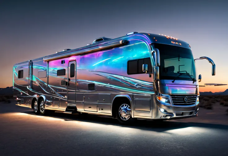 ((amazing quality, award winning, superior quality, masterpiece, intricately detailed, extremely detailed, photo realistic, ultra realistic, 32K, film grain)), hi-tech futuristic RV motorhome made from aerospace grade materials, neon & laser lit, holograph...