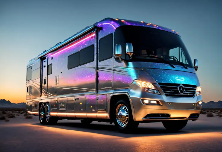 ((amazing quality, award winning, superior quality, masterpiece, intricately detailed, extremely detailed, photo realistic, ultra realistic, 32K, film grain)), hi-tech futuristic RV motorhome made from aerospace grade materials, neon & laser lit, holograph...