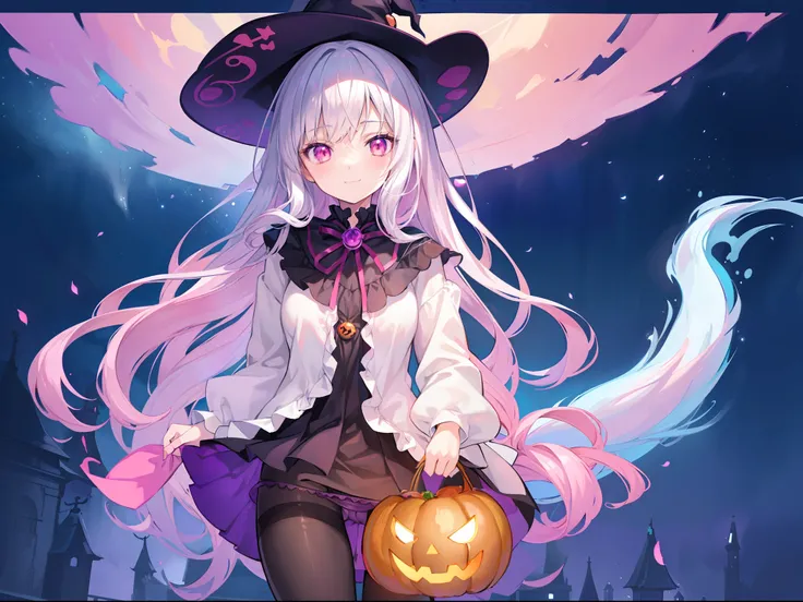 1 witch cute girl, character focus , from below, fantasy , (ghost), (jack-o-lantern) , (pantyhose) ,((panty shot)),smile, silver hair ,pale pink eyes,high resolution,(incredibly absurdres),anime visual,extremely detailed CG unity 8k wallpaper, ((masterpiec...