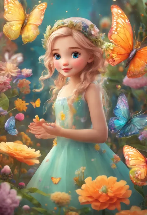 Beautiful girl in fairy costume, Surrounded by flowers and butterflies. content: Watercolor painting. Style: whimsically，Delicate, Like childrens book illustrations.