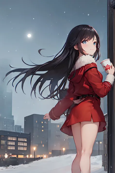 1girl, winter, Holding a cup of coffee in your hands, red jacket, Upskirt, black tights, Ultra Detailed, Background, black hair, blue eyes, Smile, snowing, straight hair, detailed legs, octans, skye, Star(skye), scenery, Starry sky, night time, night  sky,...