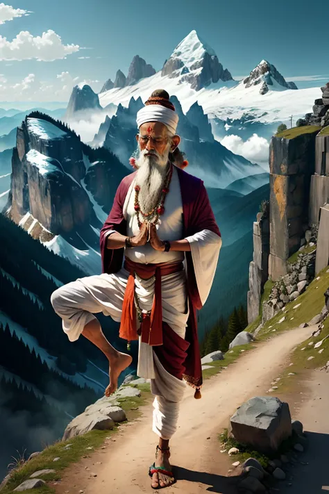 Old hindu guru meditating on the peack of mountain by standing with one leg