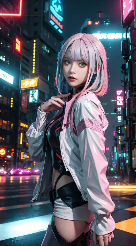 lucy (cyberpunk), 1girl,  hair scrunchie, hime cut, silver hair, colored tips, full moon, grey eyes, jacket, long sleeves, looking at viewer, medium hair, multicolored hair, parted bangs, parted lips, pink hair, portrait, red eyeliner, red lips, solo, whit...