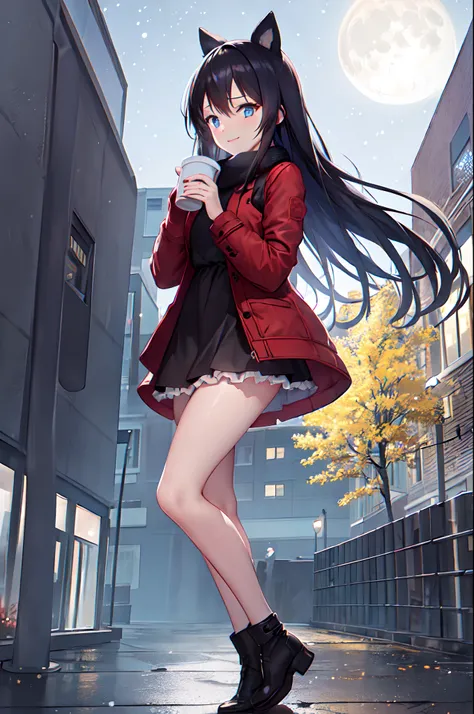 1girl, winter, Holding a cup of coffee in your hands, red jacket, Upskirt, black tights, Ultra Detailed, Background, black hair, blue eyes, Smile, snowing, straight hair, detailed legs, octans, skye, Star(skye), scenery, Starry sky, night time, night  sky,...