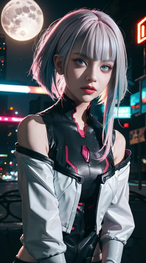 lucy (cyberpunk), 1girl,  hair scrunchie, hime cut, silver hair, colored tips, full moon, grey eyes, jacket, long sleeves, looking at viewer, medium hair, multicolored hair, parted bangs, parted lips, pink hair, portrait, red eyeliner, red lips, solo, whit...