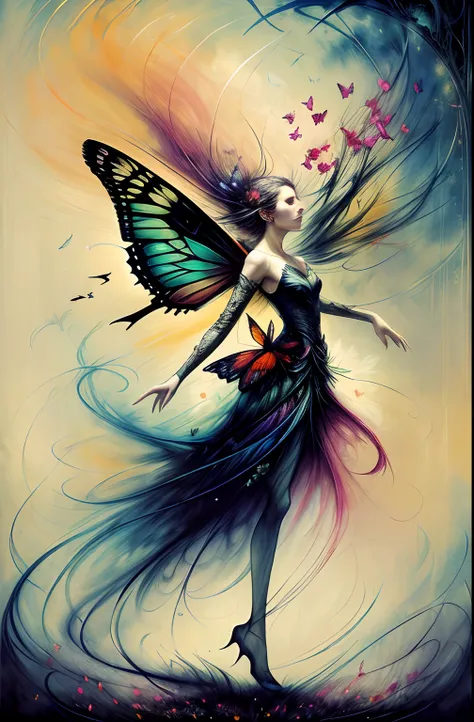 chaos, elegant, vivid colors, art by Anne Bachelier, atmospheric, a girl, elegant, butterflies, flowers blooming, in motion, dramatic, full body, organic composition