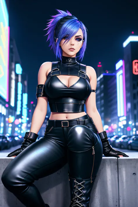 beautiful girl, full body, short bright blue dishevelled hair, black eyeshadow, (street style wear:1.2), ((tight fitted pants)), ((knee high leather boots)), (city night background:1.2), dark makeup, digital art, trending on artstation, highly detailed, fi...