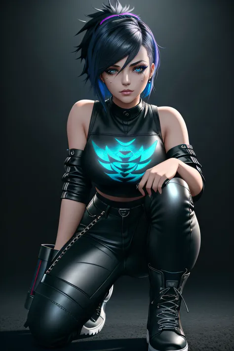 beautiful girl, full body, short bright blue dishevelled hair, black eyeshadow, (street style wear:1.2), ((tight fitted pants)), ((knee high leather boots)), (black dark night background:1.2), dark makeup, digital art, trending on artstation, highly detail...