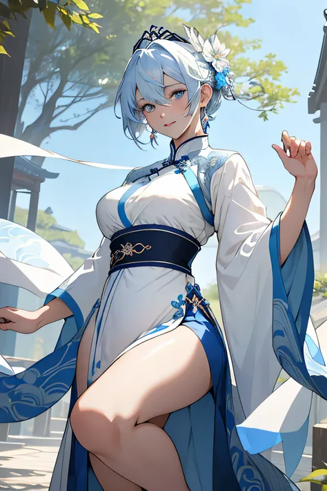 (Best quality,4K,A high resolution,Masterpiece:1.2), Detailed facial features, (Detailed hand features), Exquisite details, Masterpiece, Exquisite lighting, anime big breast, High definition, Beautiful, Genshin Impact, Anime-style, Light blue and white hai...