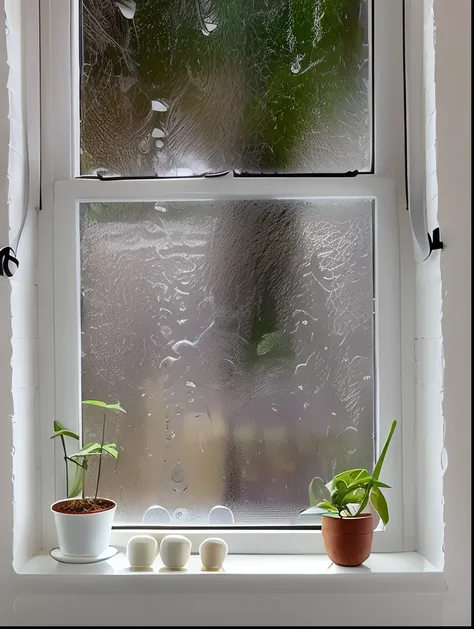 There are two plants on the window sill of a window sill, janela ( chuva ), janela chuvosa, chovendo fora da janela, it is raining outside the window, dentro em um dia chuvoso, raining outside, water coming out of windows, tarde chuvosa, parapeito, rainy d...