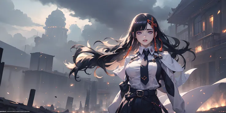 (black hair, long hair:1.6), hair ornament, purple eyes, 1girl, cloud, necktie, sky, black_neckwear, wind, outdoors, breasts, solo, shirt, floating_hair, skirt, cloudy_sky, pencil_skirt, white_shirt, long_sleeves, collared_shirt, looking_at_viewer, black_b...