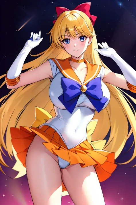 Sailor Senshi Uniform, Anime Aunt, A MILF, skirt, aino minako, solo, bow, white glove, sailorvenus, Blonde woman with very long hair, elbowgloves, Red ribbon on head, Orange sailor collar, Golden sailor collar, back_bow, Orange choker, Golden Choker, jewel...