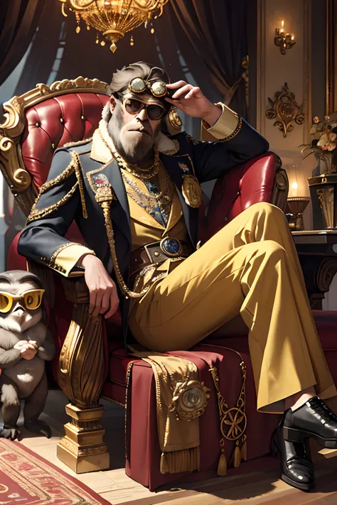 masterpiece, best quality, photorealistic ,fashionmonkey, gorilla, eyewear on head, gears, gem, goggles , gold, jewelry, magic circle,male_focus, owl, pants, shoes, sunglasses, tassel, throne,