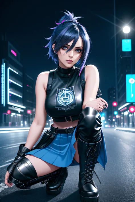 beautiful girl, full body, short bright blue dishevelled hair, black eyeshadow, (street style wear:1.2), ((tight fitted short skirt)), ((knee high leather boots)), (city night background:1.2), dark makeup, digital art, trending on artstation, highly detail...