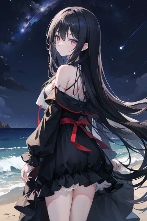 Anime girl, long black hair, dressed in a dark dress facing away from the viewer, looking into the dark night sky filled with stars, standing by the dark beach, 8k, high resolution, zoomed out