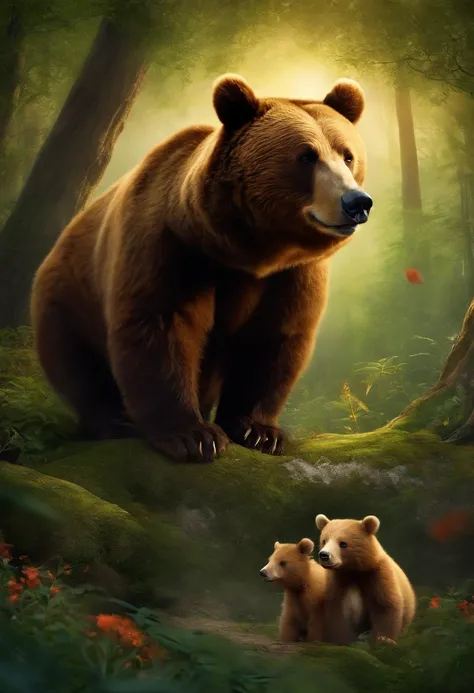 Imagine uma cena em que um belo dia, o Urso e o Coelho se encontraram na floresta. Describe their emotions and visible expressions as they first meet. Elabore a cena com detalhes sensoriais e envolventes que destacam a atmosfera da floresta."