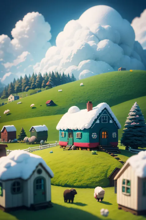 cute world of wool felt, wool knitted fabric, colorful house, cartoon, big farms, sheeps, green grass, snowy mountrain, flower, super cute, superb lighting, volumetrics, by Jon Klassen, Ghibli Studio style, Tilt - shift, 80mm lens, Large aperture, 3d, blen...