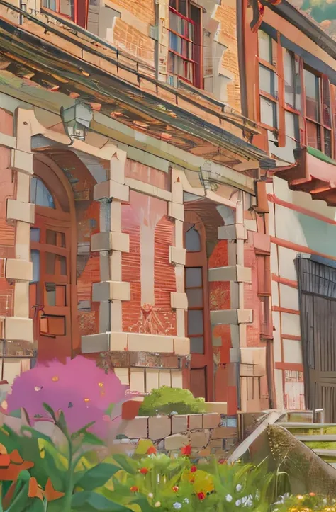 Red building，Flowers for the foreground，American architecture，anime backgrounds, in the style of Hayao Miyazaki, author：hiyao miyazaki. High detail, Anime landscape concept art, landscape artwork