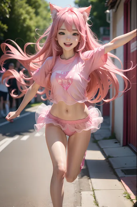 Best Quality, Masterpiece, 8k, RAW, Pink Silk young Cat Ear Girl, Cute, pink long hair, running towards viewer with wide spread arms, excited Expression, pink Clothing，Full-body portrait