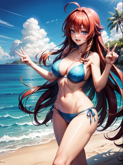 masterpiece, best quality, very long hair, rias gremory, ahoge, wide hips, mature female, blue eyes, looking at viewer, medium breasts, 1girl, bikini, scenery, beach, sonicedges_rias_gremory, light smile, happy, shiny skin, peace sign