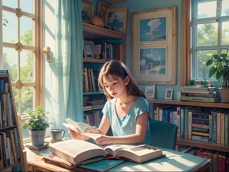 15-year-old girl reading a book, MAC MAC ON THE DESK, bookshelves, The study is a blue and white series, Sunlight outside the window.