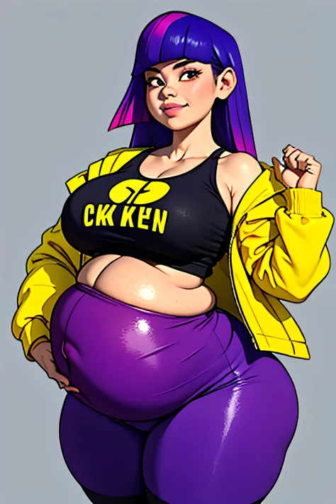 standing, wearing black tanktop undershirt and yellow croptop, blue jacket_around_waist, purple tights, solo, solo focus, (photo...