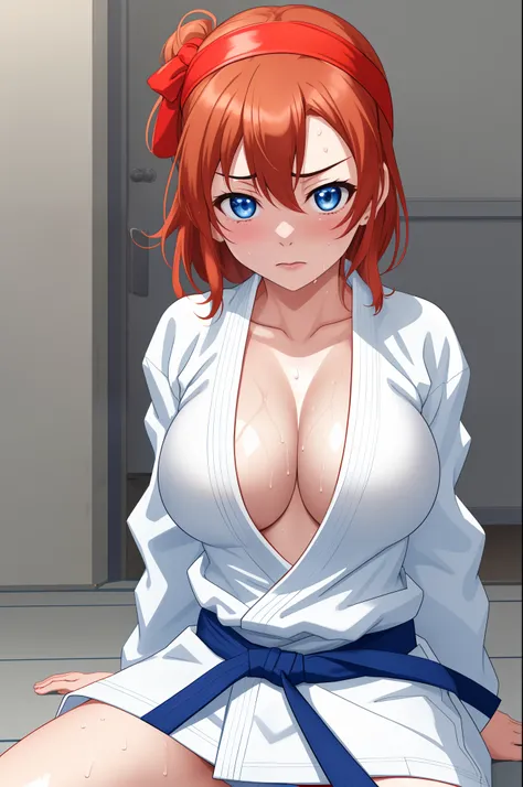 Kousaka honoka, blue eyes, white karate gi, open karate gi, embarrassed,big breasts, bottomless, standing, cleavage, facing viewer, covering breasts ,covering crotch, sitting, on knees, sweating,red head band