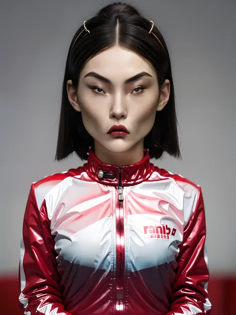 A Chinese high school girl，little breast，Wearing PVC red casual clothes, Sportswear, Race costumes, Motorcycle set，punky style