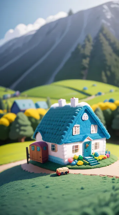 cute world of wool felt, wool knitted fabric, colorful house, cartoon, big farms, sheeps, green grass, snowy mountrain, flower, super cute, superb lighting, volumetrics, by Jon Klassen, Ghibli Studio style, Tilt - shift, 80mm lens, Large aperture, 3d, blen...