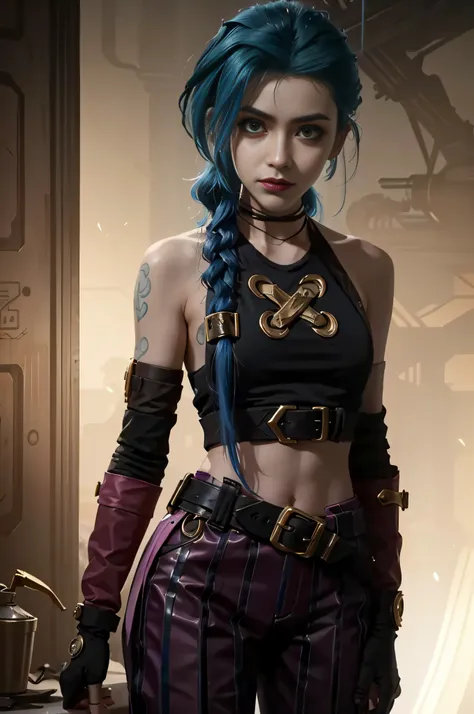 there is a woman with blue hair and a black top, portrait of jinx from arcane, jinx from arcane, jinx from league of legends, ro...