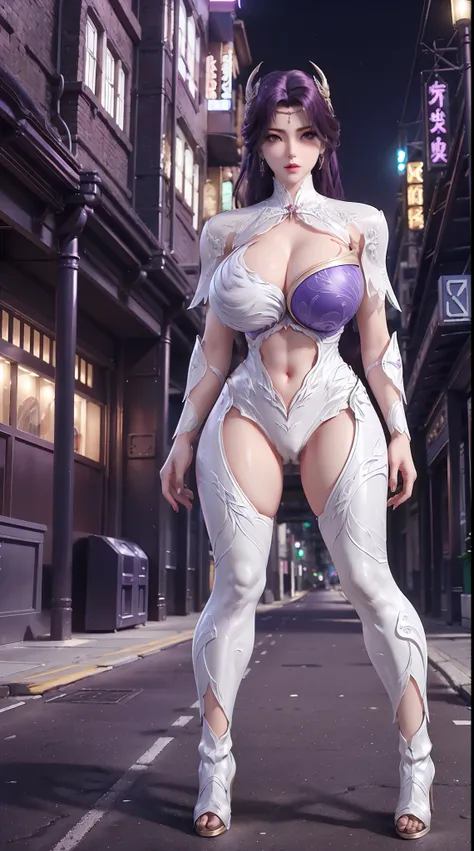 (DRAGON QUEEN HELM), (ULZZANG), (HUGE FAKE BOOBS:1.2), (STREET CITY NIGHT), (PURPLE, WHITE), (FUTURISTIC MECHA CROP TOP:1), (CLEAVAGE), (SKINTIGHT YOGA PANTS:1), (HIGH HEELS), (PERFECT BODY:1.2), (FULL BODY:1.2), (LOOKING AT VIEWER), (STANDING:1.3), SEXY B...