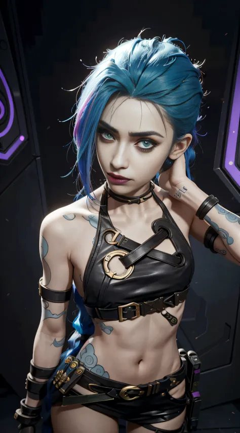 there is a woman with blue hair and a black top, portrait of jinx from arcane, jinx from arcane, jinx from league of legends, ro...