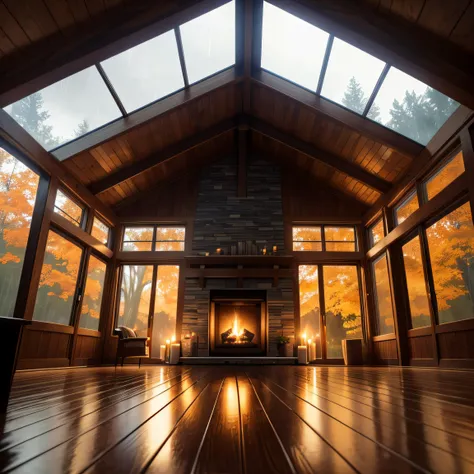 Ultra realistic- wide shot (((first person view)))  rainy morning ThunderStorm, Ultra realistic Fireplace, bright and airy large open back porch view,  a lot of candles, , , ultra realisticAutumn scene