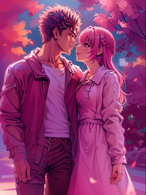 riamu,guts,couple,husband and wife,love dovey couple, walking,,kiss,smile,(best quality,4k,8k,highres,masterpiece:1.2),ultra-detailed,(r1.37),portraits,vivid colors,warm tones,soft lighting